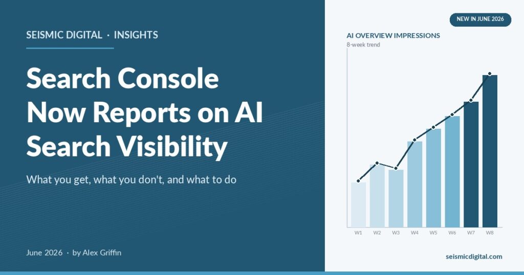 Seismic Digital blog header for Search Console AI performance reports, with an upward 8-week chart of AI Overview impressions.